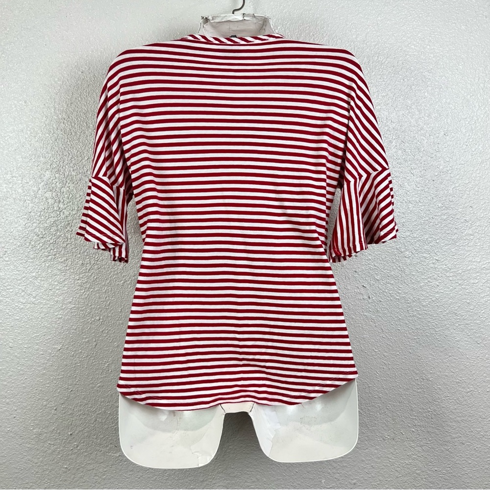 CAbi Women Small Bell 3/4 Sleeve V-neck Comfort Red‎ White Striped Blouse Top - Picture 4 of 13